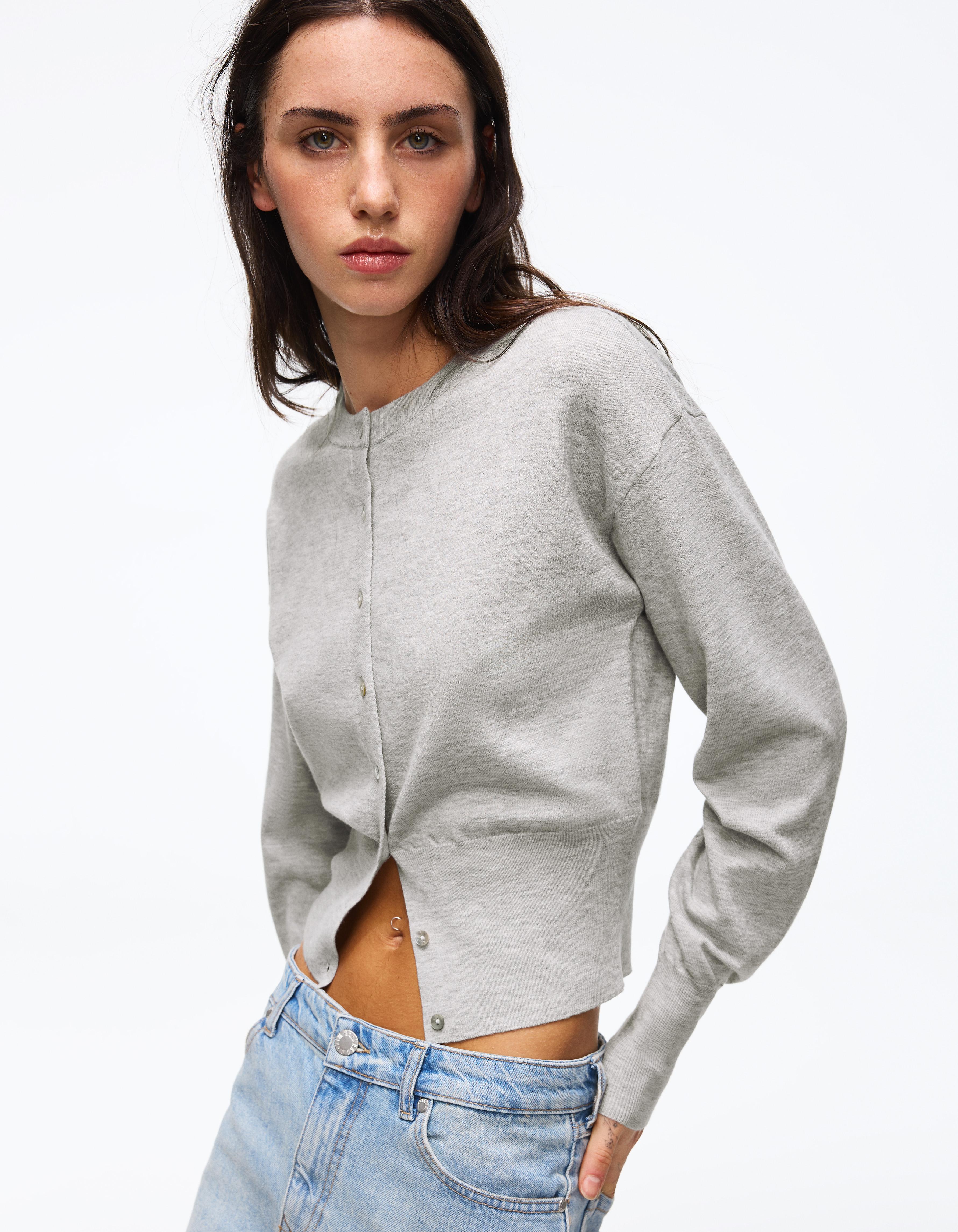 Chaqueta Cuello Redondo Botones Rayas Mujer M Gris