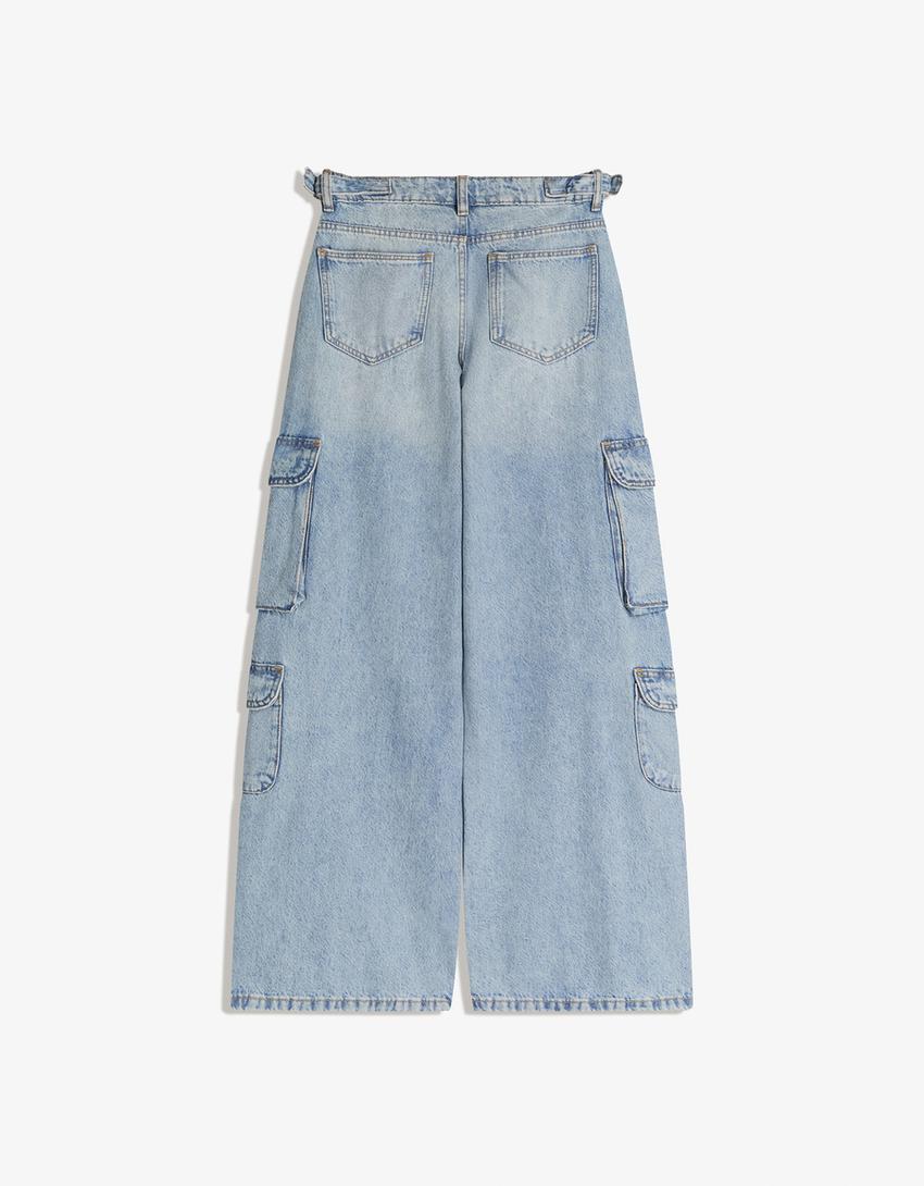Jeans wide leg cargo-Azul claro