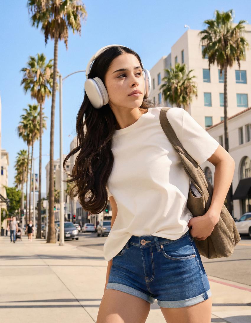 Denim paçası katlamalı şort-Mavi