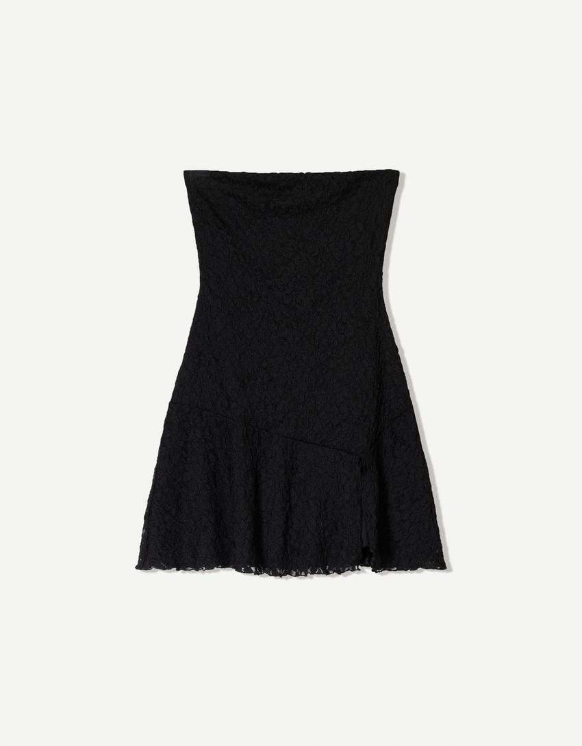Lace mini dress with bandeau neckline-Black