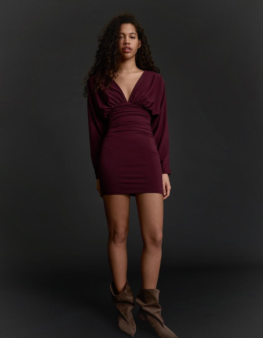 Gathered mini dress-Burgundy