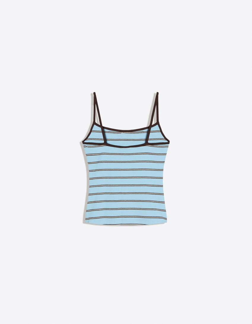 Top fines bretelles rayures contrastantes-Bleu clair