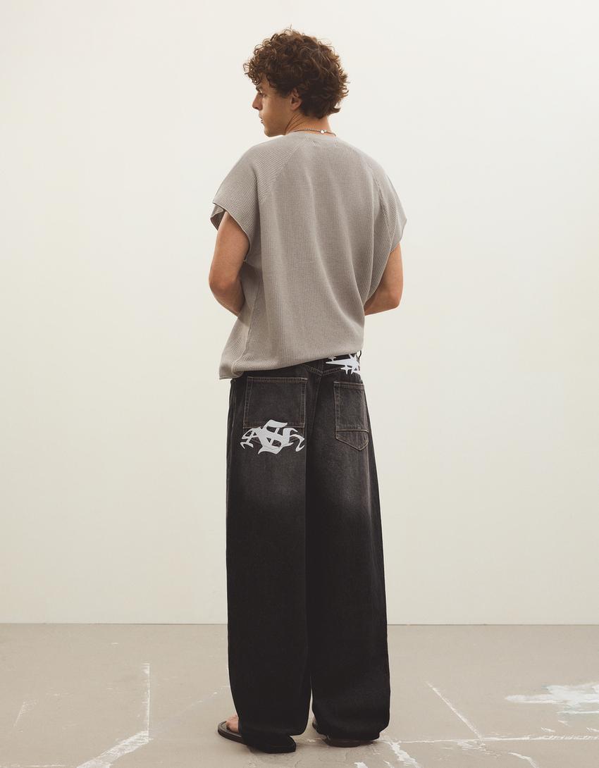 İşlemeli super baggy fit jean-Siyah