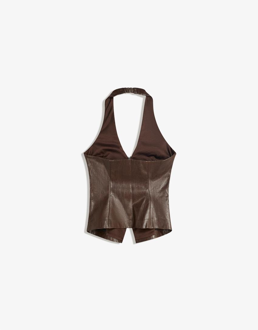 Leather effect halter top with zip-Brown-4