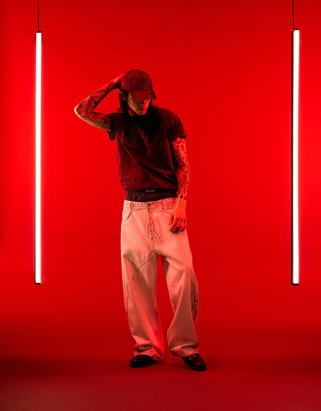 Waxed-effect balloon fit trousers