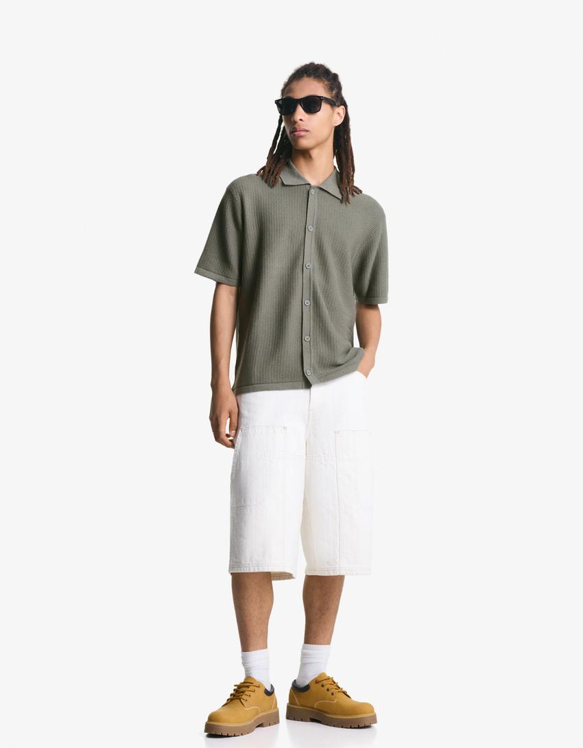 Textured short sleeve shirt-Khaki