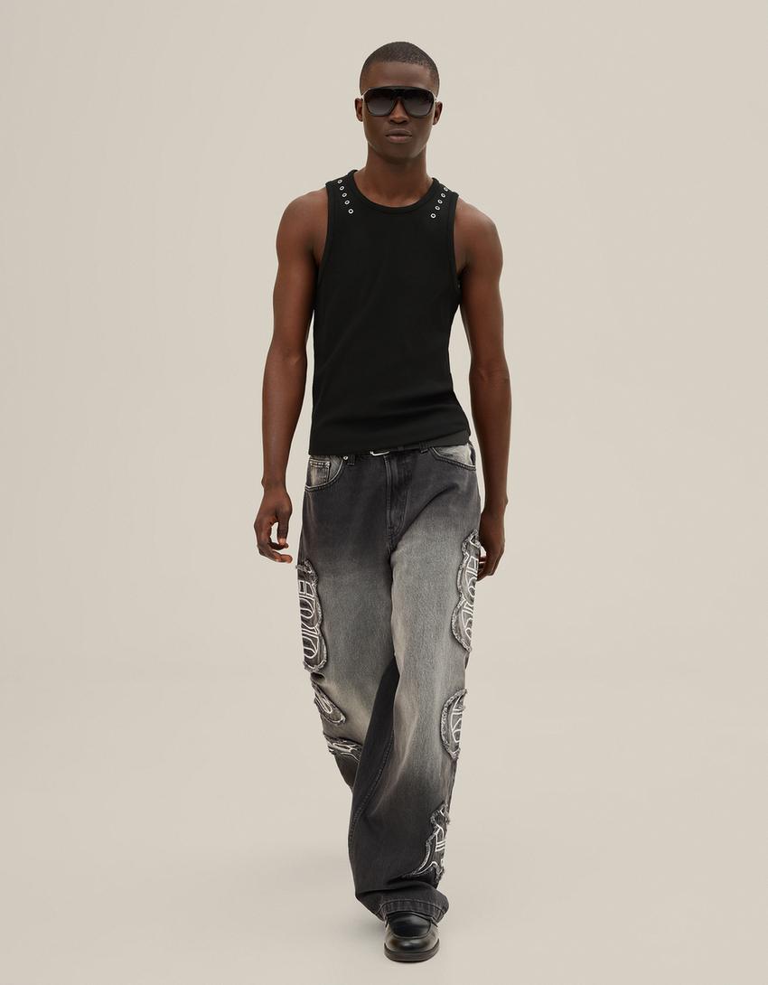 Eyelet strappy T-shirt-Black