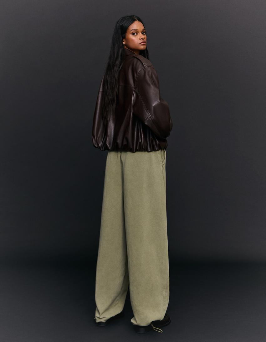 Pantaloni barrel felpa con stopper-Kaki