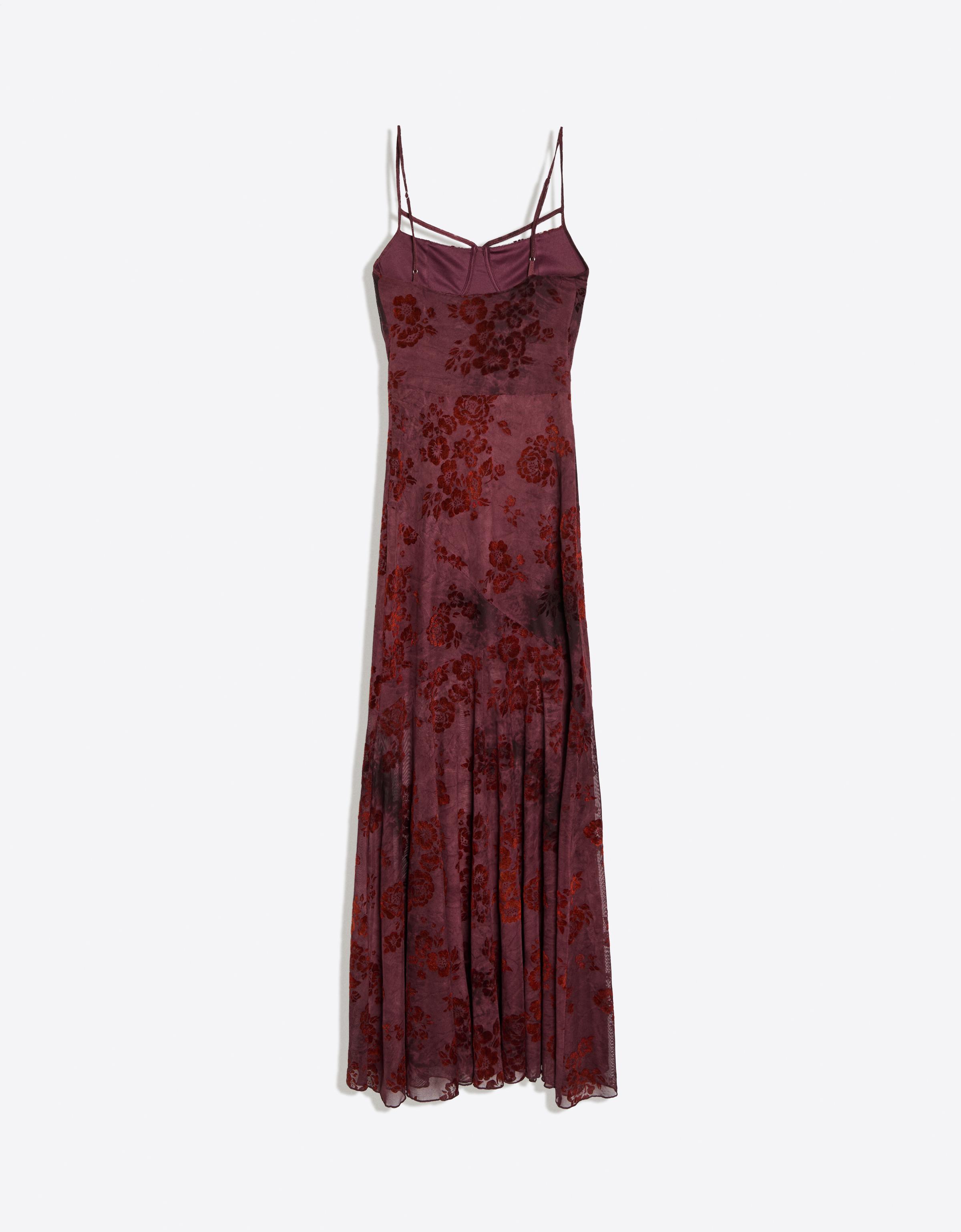 Flocked tulle midi dress with straps — Brown