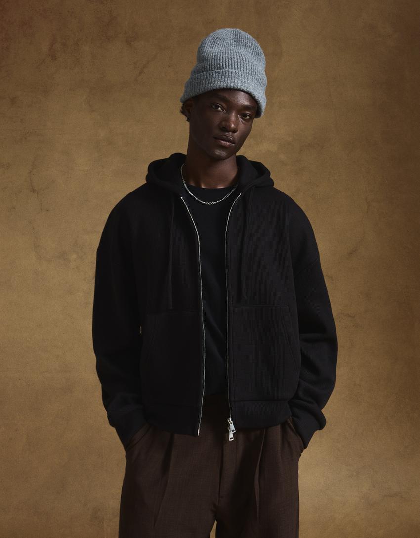 Sudadera cremallera waffle-Negro
