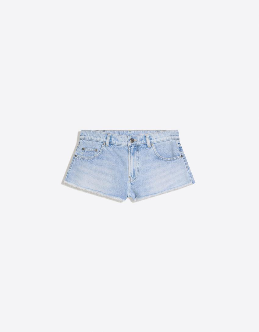 Denim mini shorts with frayed hem-Light blue