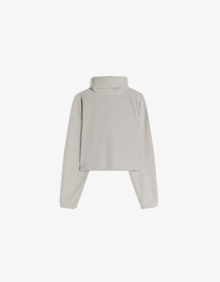 High neck ribbed sweater-Sand