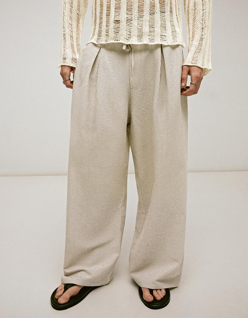 Mega baggy checked trousers-Sand