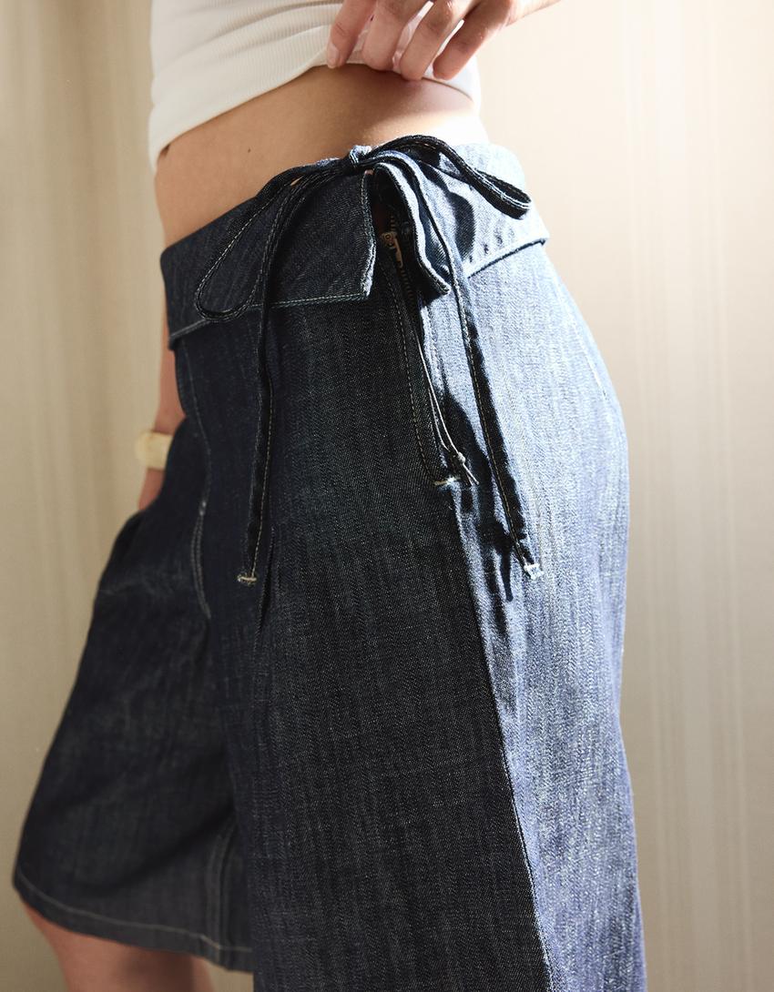 Denim Bermuda shorts with turn-up waist-Navy