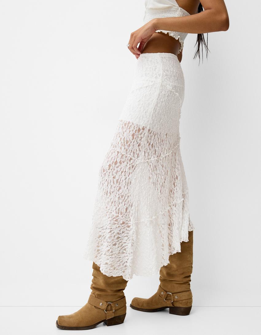 تنورة دانتيل متوسط الطول-أبيض-7
