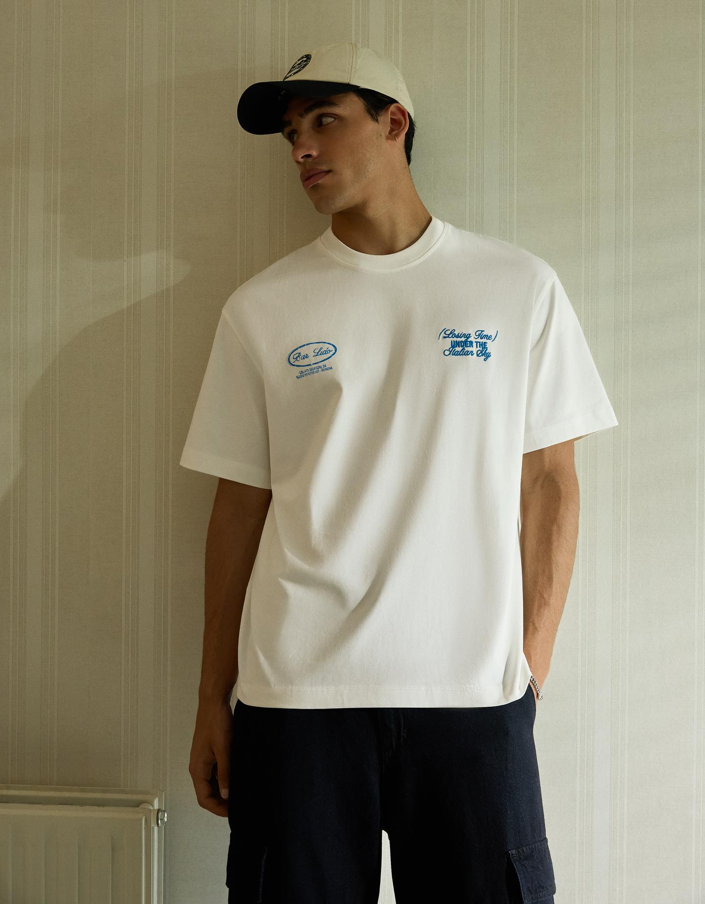 Bershka Camiseta Manga Corta Print Hombre Blanco Roto
