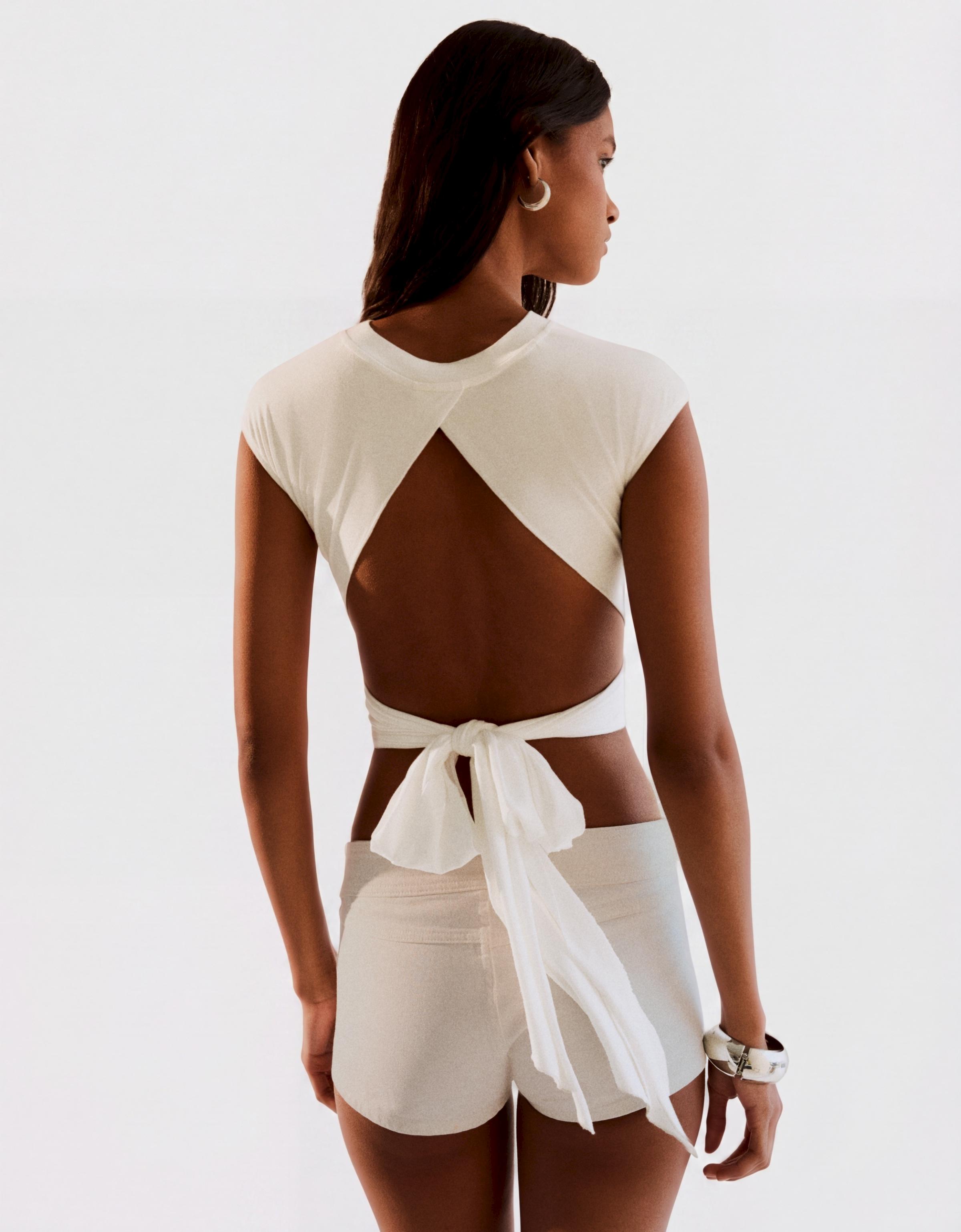 Round neck top with back knot — Off white