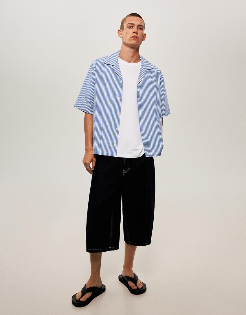 Striped textured short sleeve boxy fit shirt-Blue-3