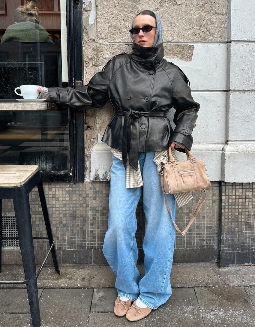 Short leather effect trench coat