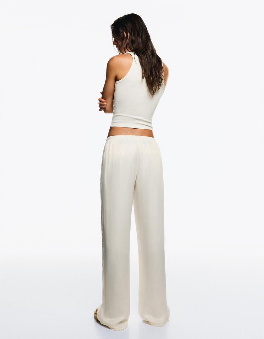 Pantalon jogging wide leg satin-Blanc-1