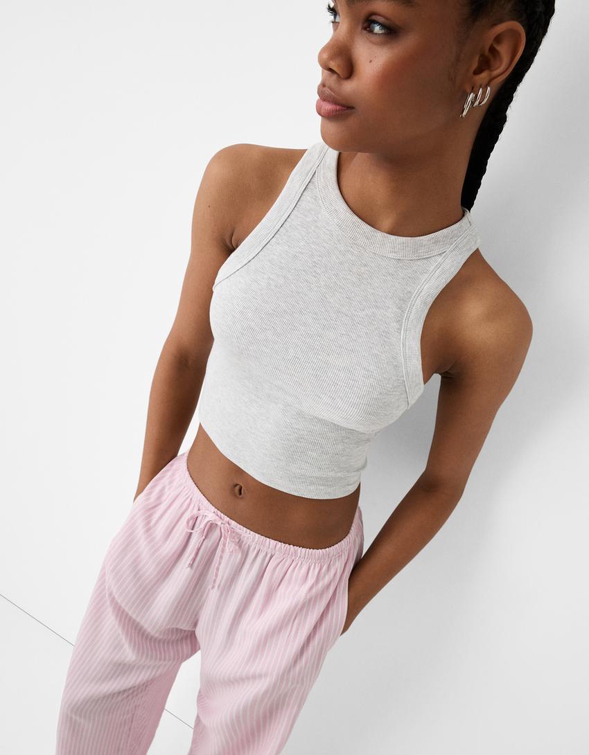 Fitilli kolsuz t-shirt-Gri-4