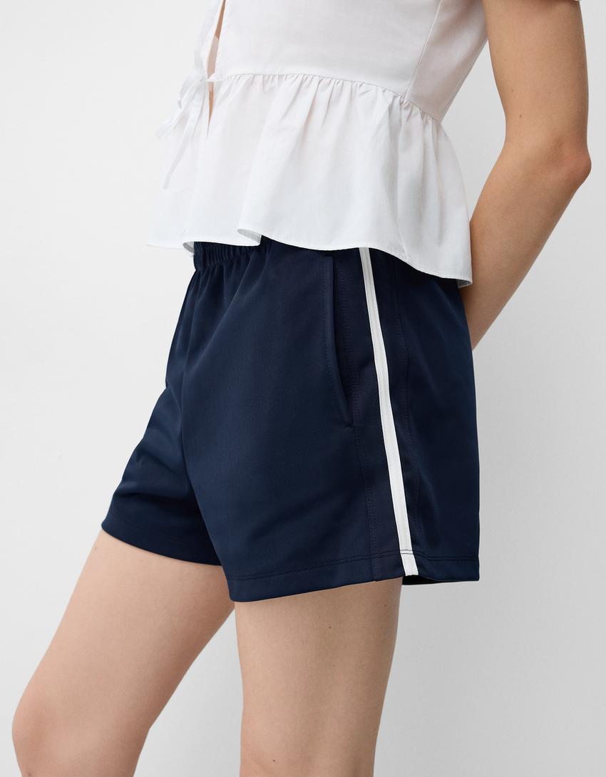 Yan şeritli retro şort-Denizci mavisi-2