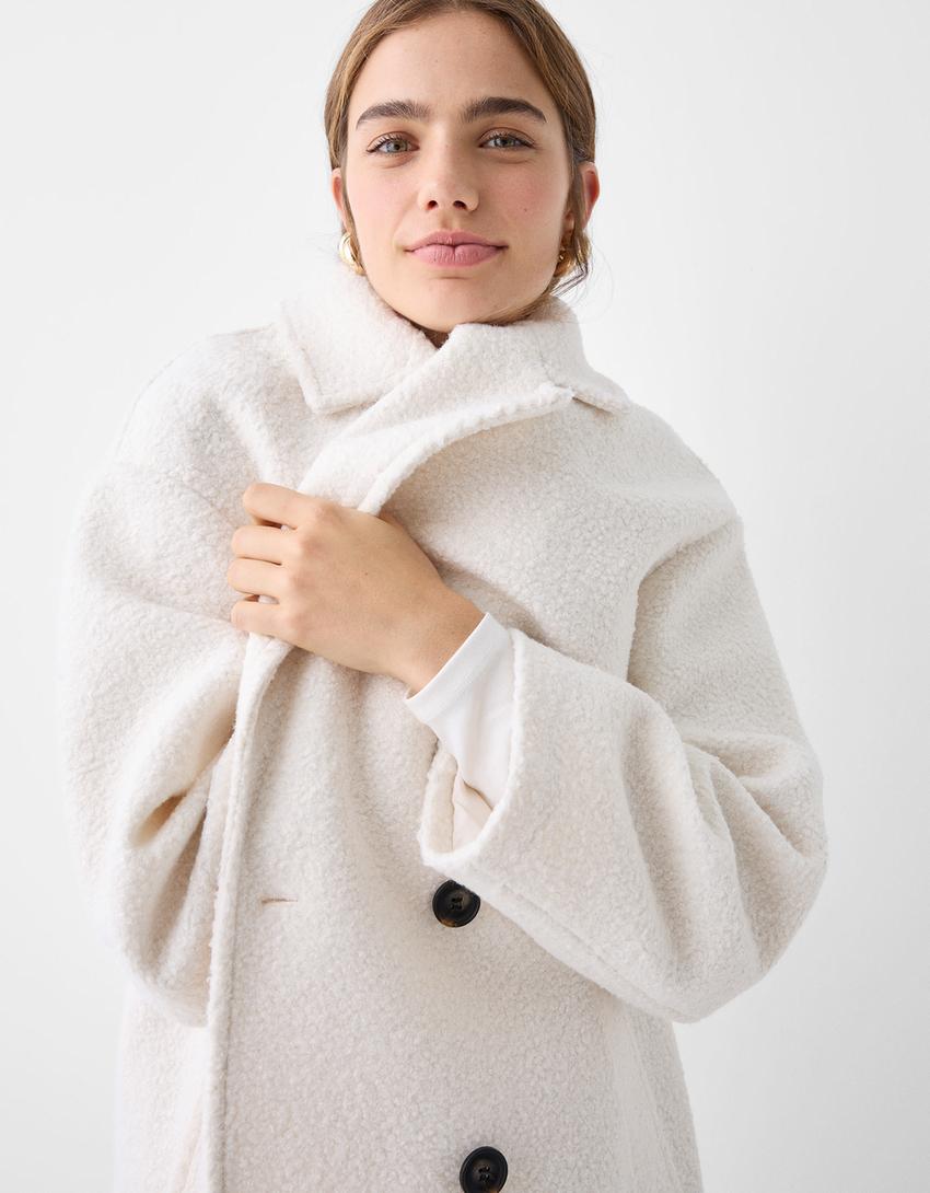 Manteau long cache-cœur bouclette double boutonnage-Écru-3