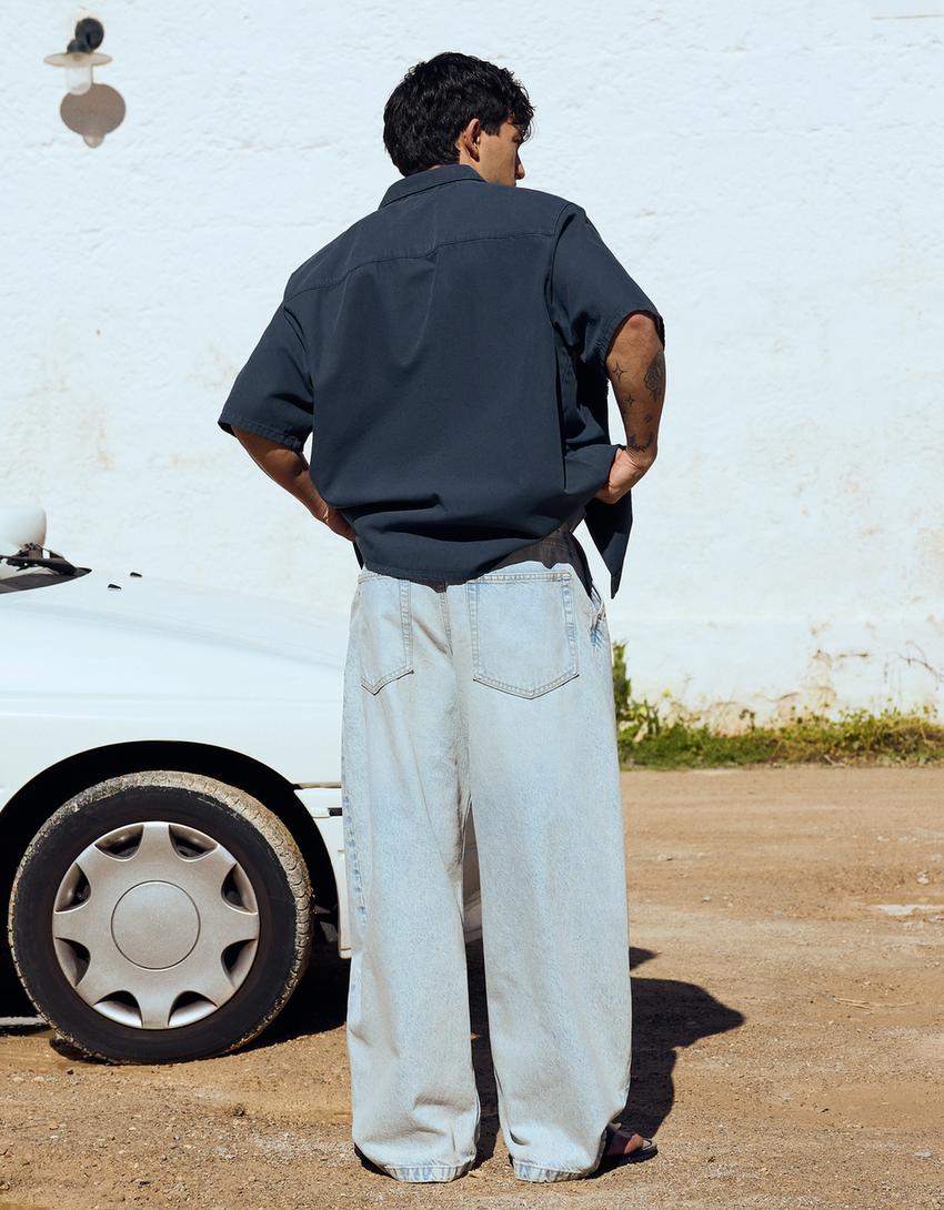 Short sleeve boxy fit patch shirt-Navy