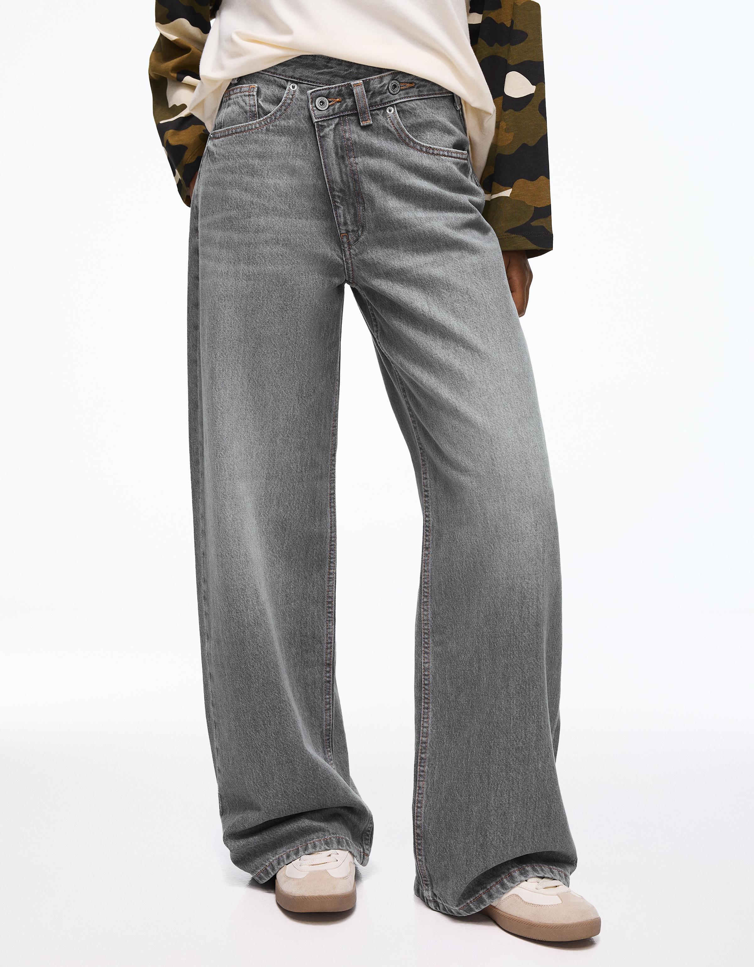 Wide-leg cross-waist jeans — Grey