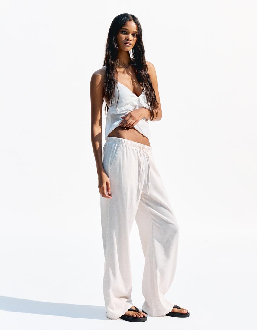Linen blend trousers with an elasticated waistband-Sand