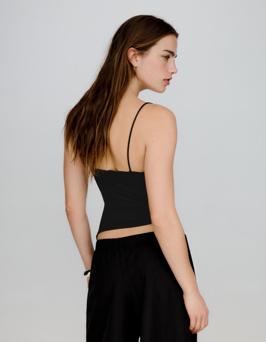 Lace trim strappy top-Black
