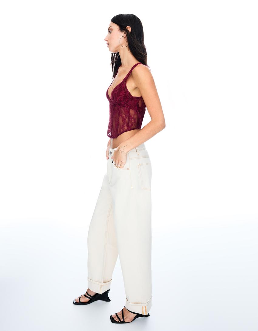 Jeansy o kroju baggy roll up-Kremowy-1