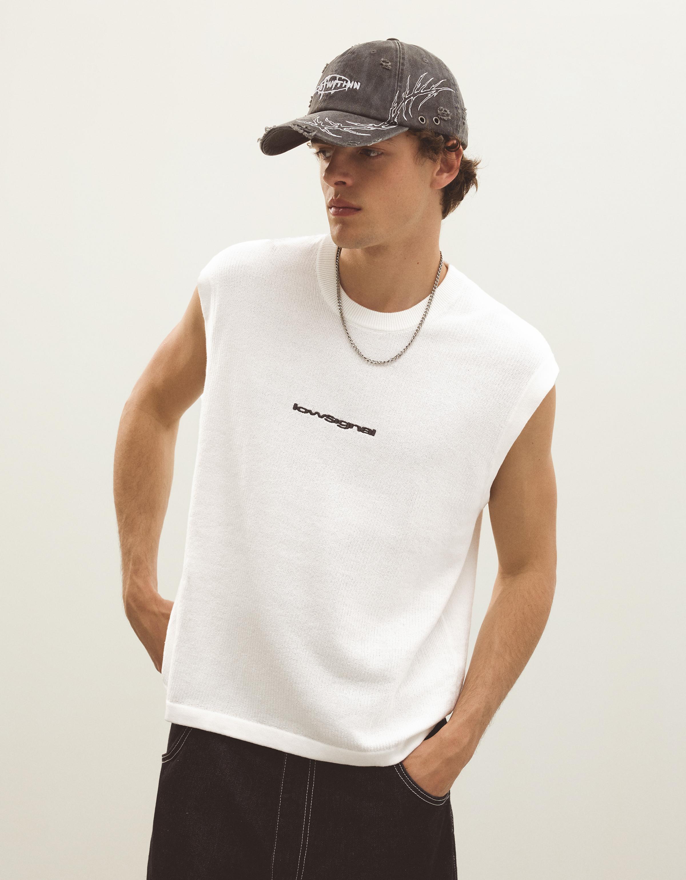 Bershka Camiseta Sin Mangas Bordada Hombre Blanco Roto