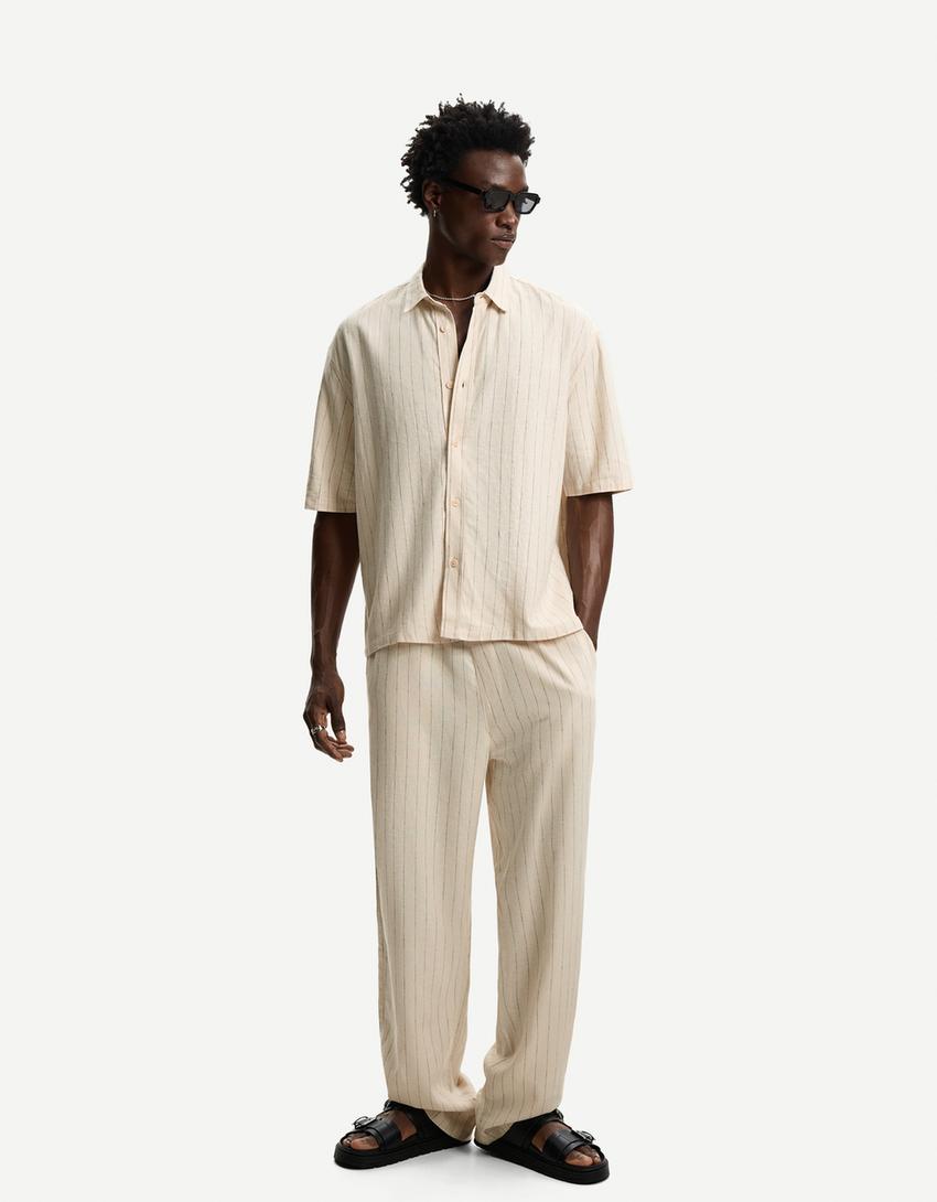 Pantalón wide leg jogger con lino-Beige-0