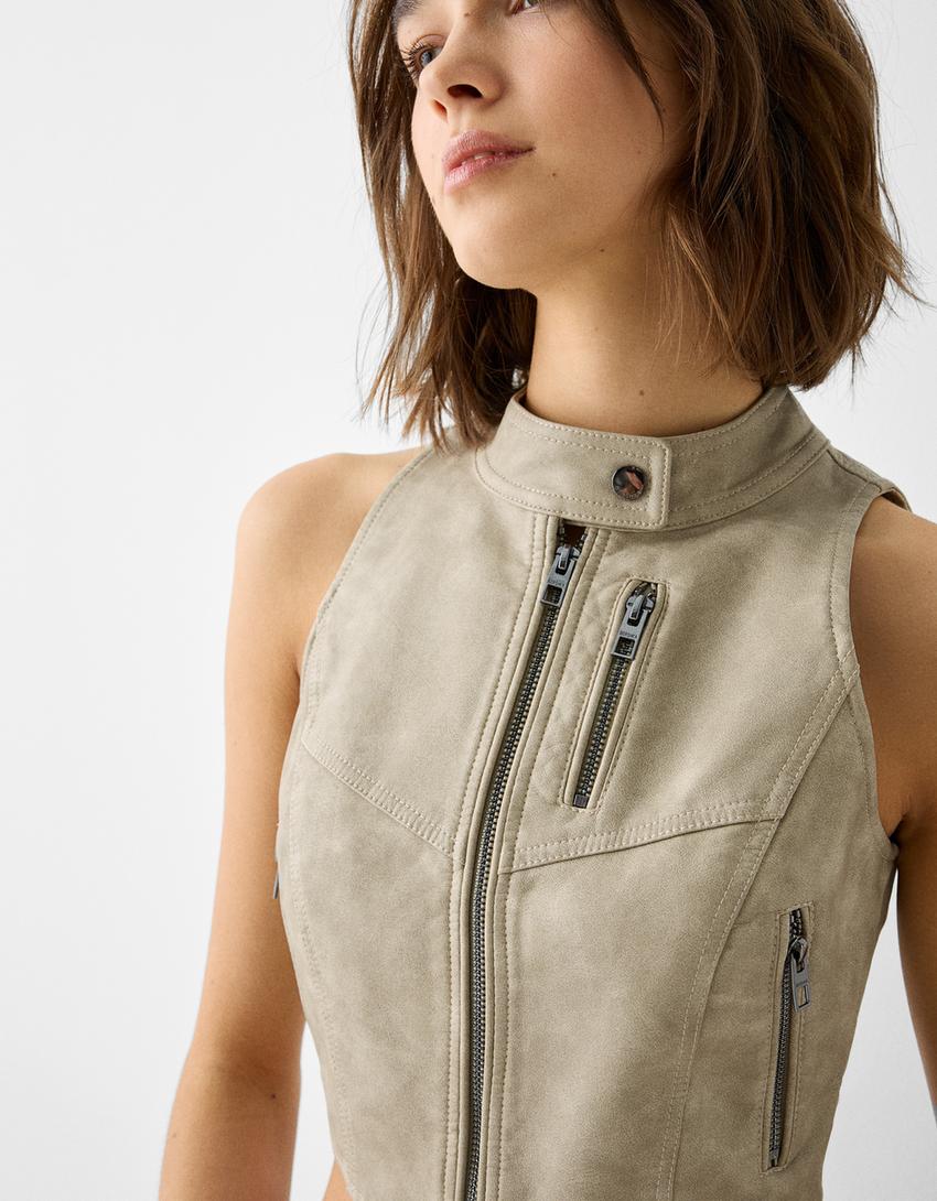 Colete de efeito pele-Bege-3