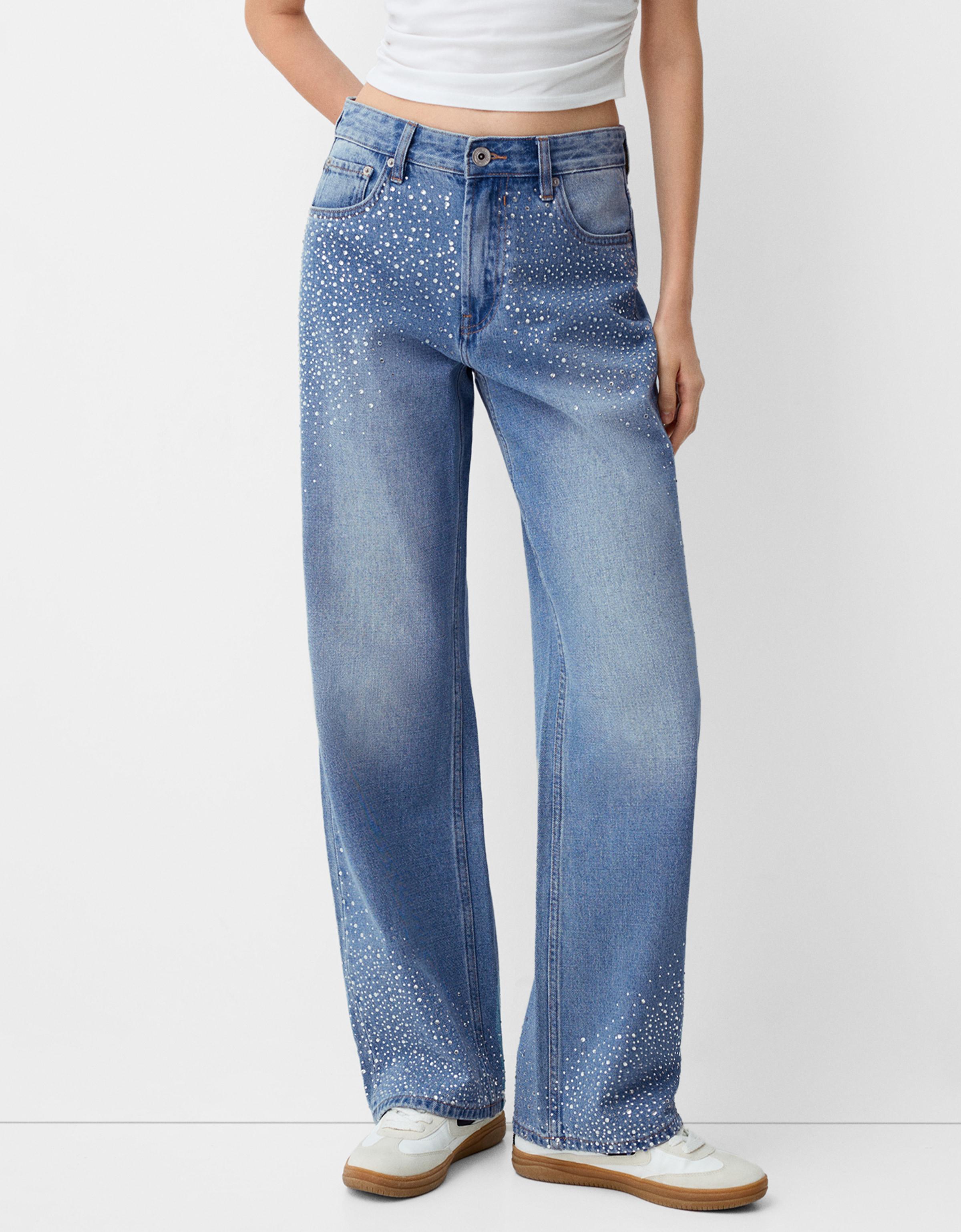 Bershka Wide-Leg-90'S-Jeans Mit Glitzer Damen 40 Blau