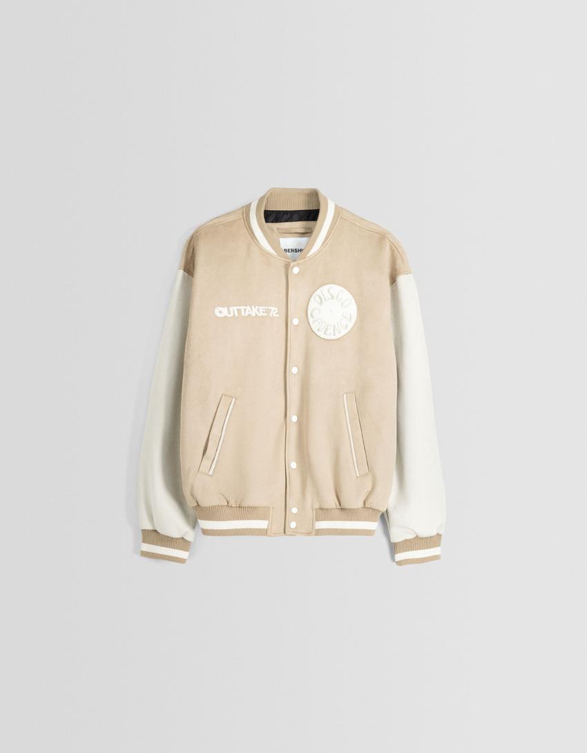 Faux suede embroidered bomber jacket-Camel