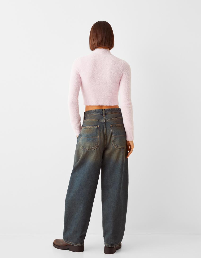 High neck fuzzy sweater-Pink-1