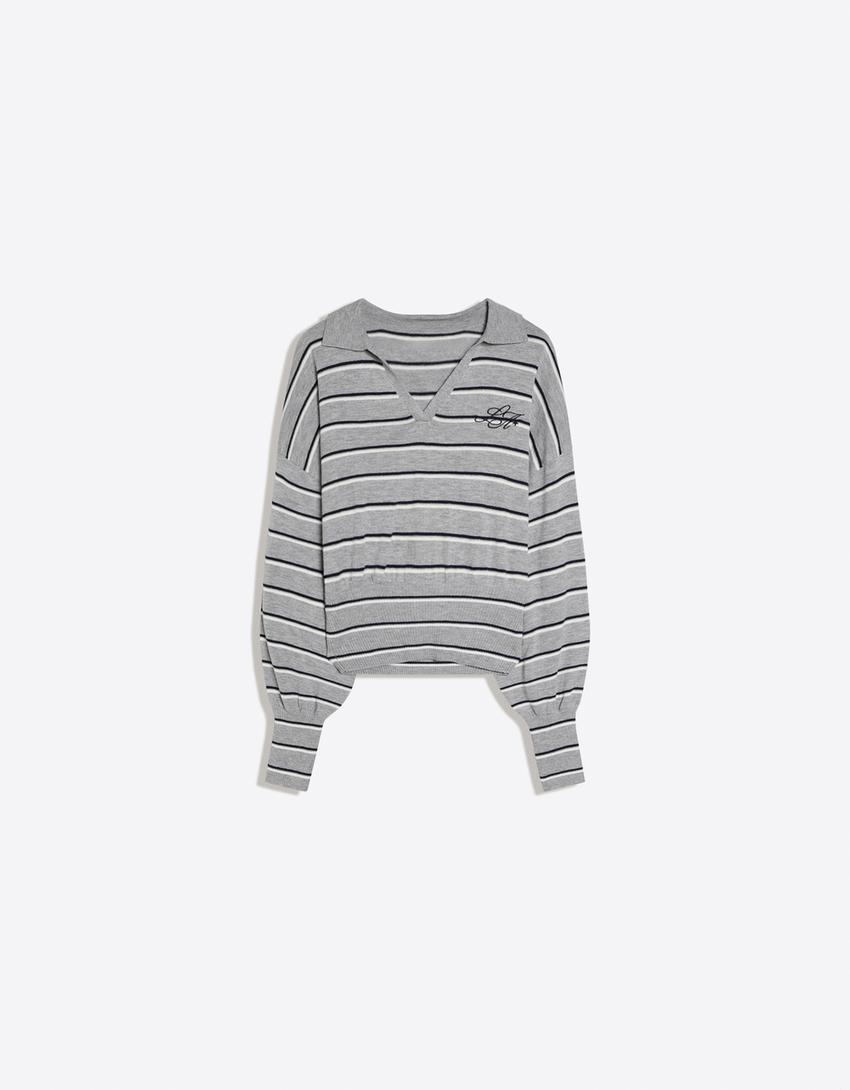 Ribbed polo collar sweater-Grey