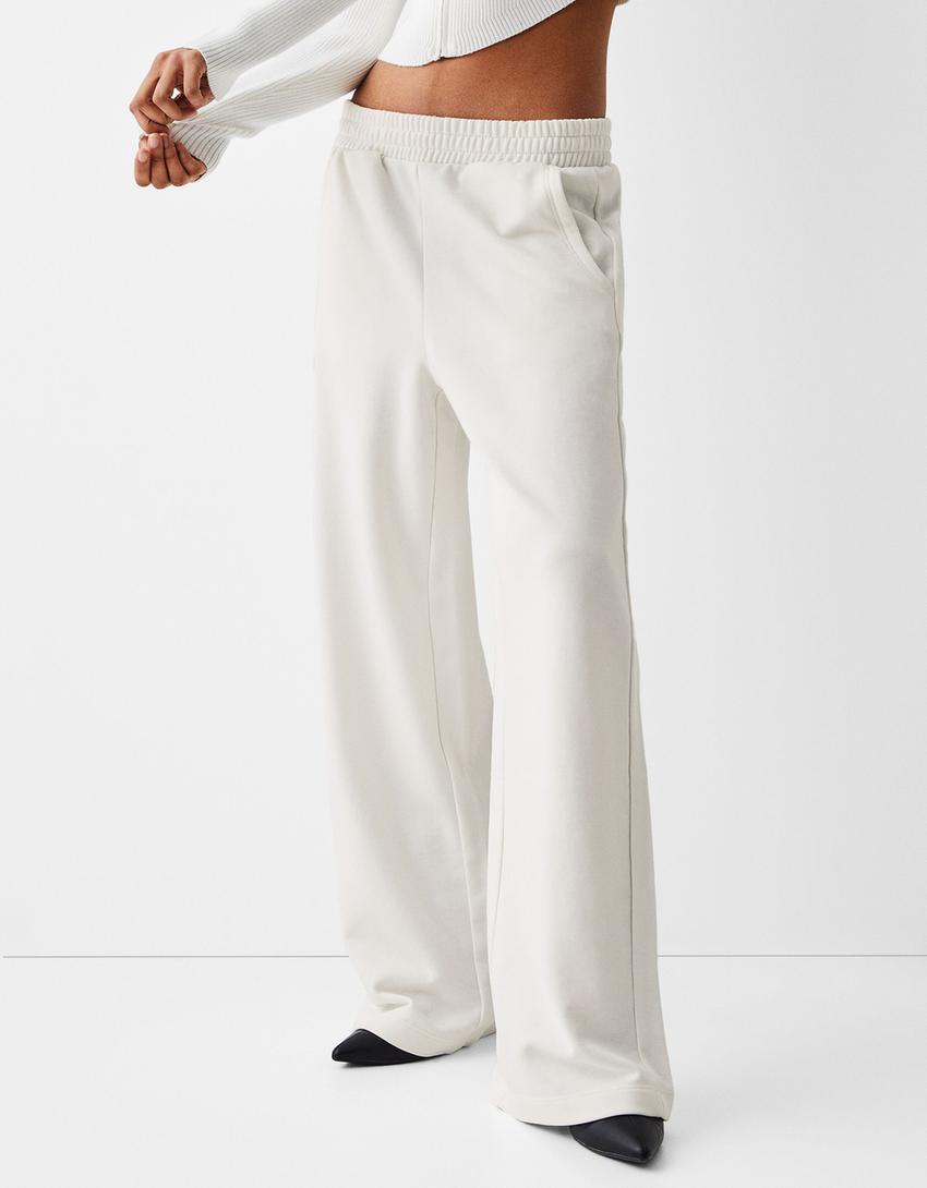 Pantalon wide leg molleton-Blanc cassé-1