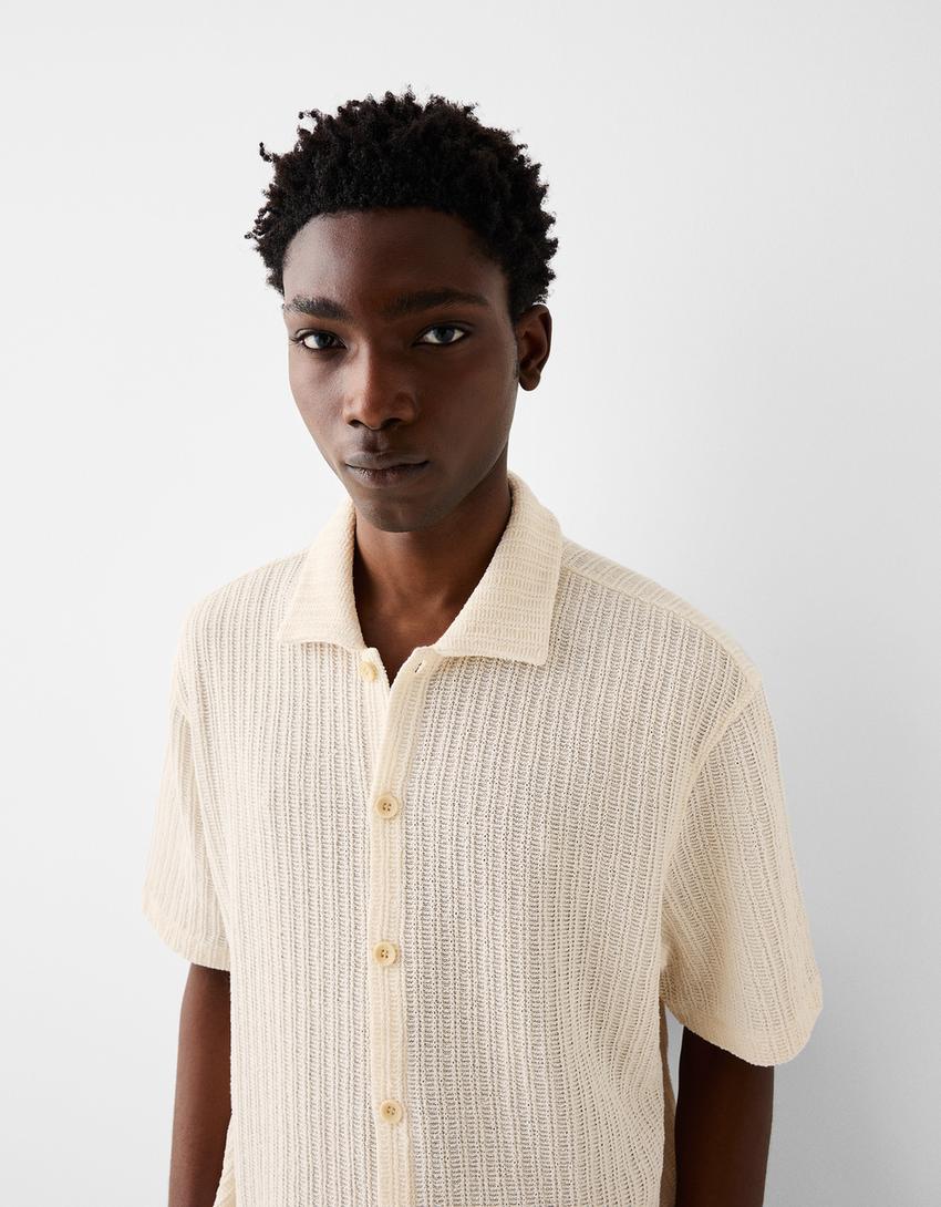 Chemise à manches courtes texturée-Blanc cassé-2