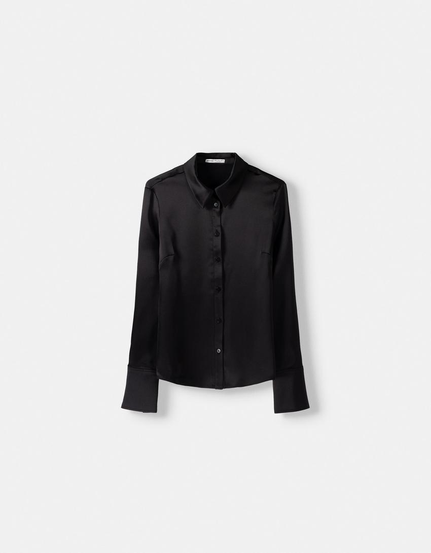 Fitted satin shirt with bell sleeves-Black-5