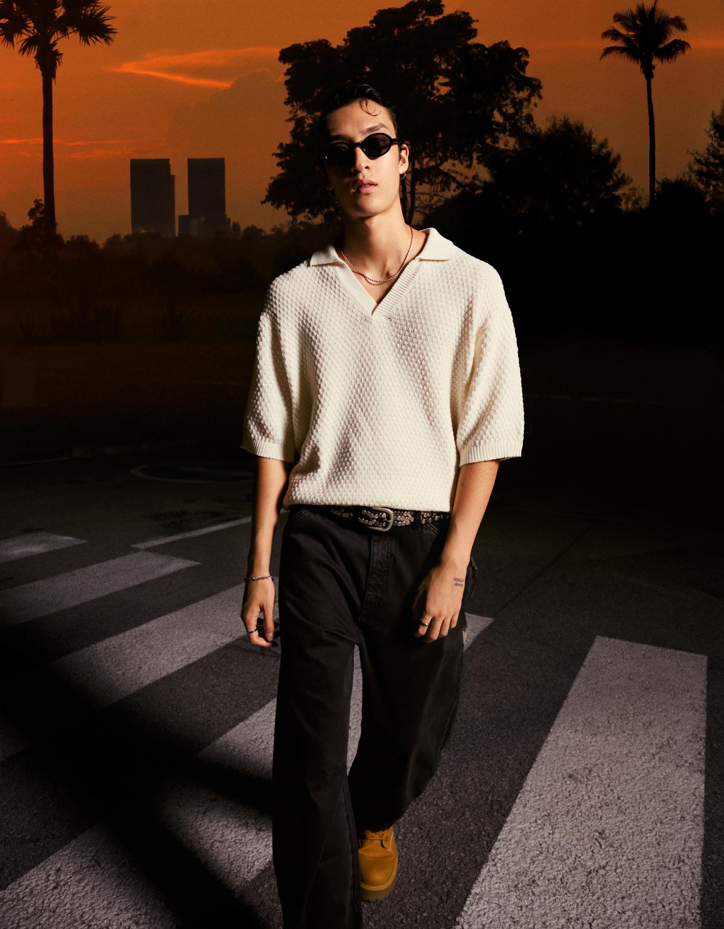 Bershka rustykalna koszulka polo kremowy