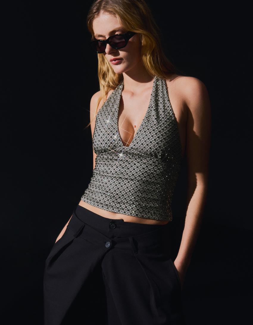 Rhinestone halter top-Sand