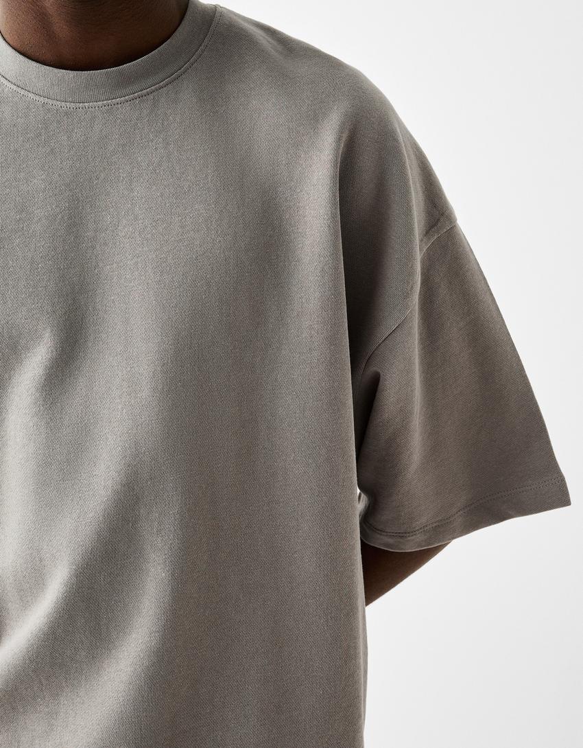 Short sleeve cropped plush T-shirt-Grey-5