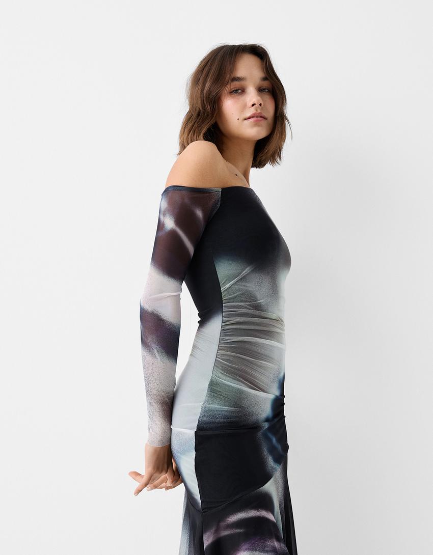 Vestido midi manga comprida assimétrico estampado-Azul escuro-1