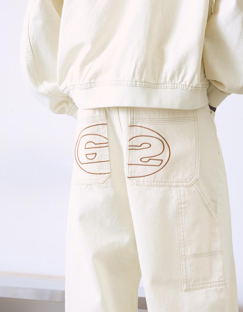 Embroidered neo barrel carpenter jeans-Cream