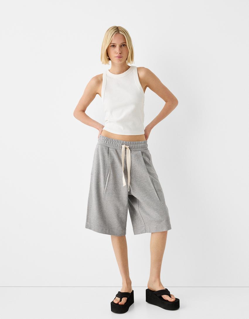 Calções bermuda baggy pinças-Cinza-4