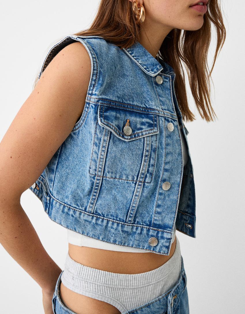 Cropped denim waistcoat-Light blue-2