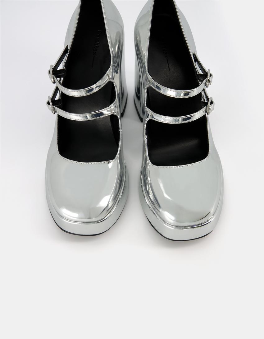 Sapato de tacão plataforma com pulseira metalizada-Prateado-4